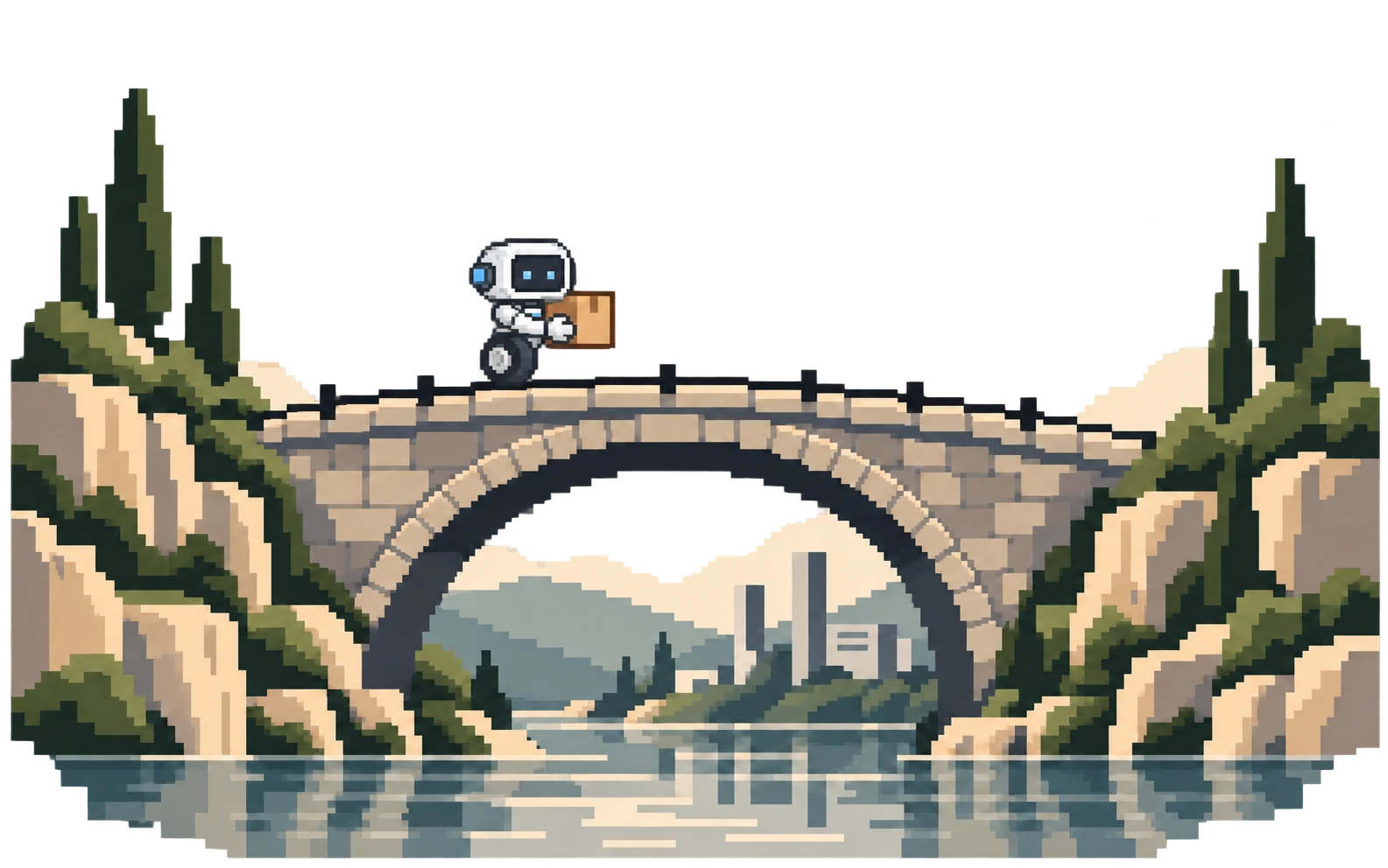 A white single-wheel robot carries a parcel across a sandstone bridge between olive trees and a distant city.
