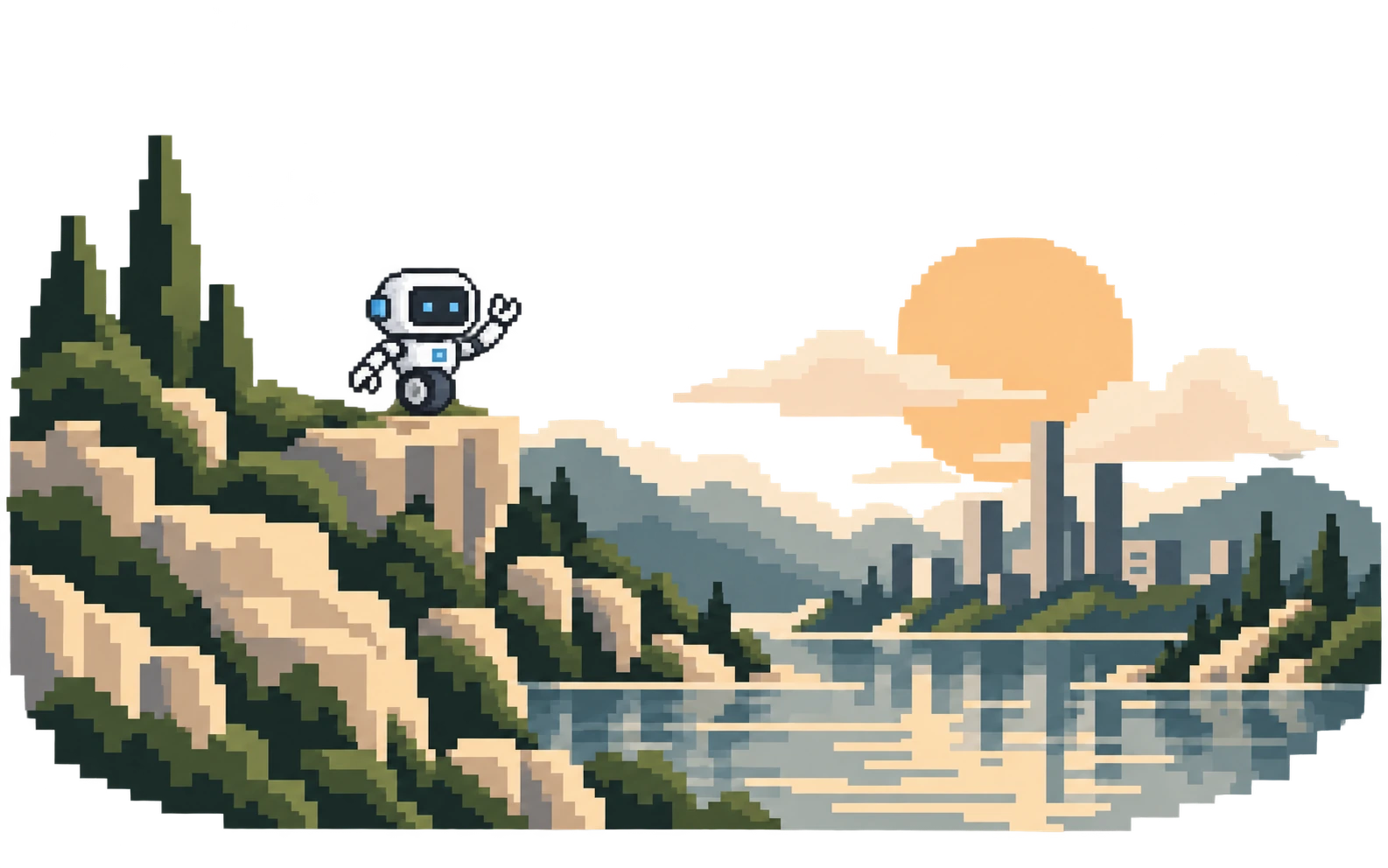 The aileon robot looks toward a sunlit landscape of sandstone hills and olive trees.