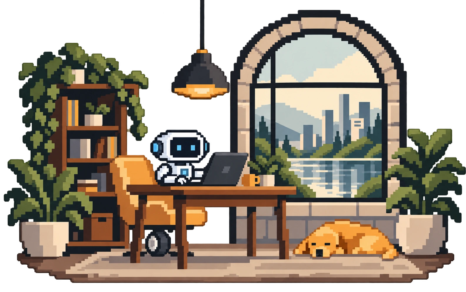 The aileon robot works at a desk in a quiet, sunlit studio with plants and a landscape outside.